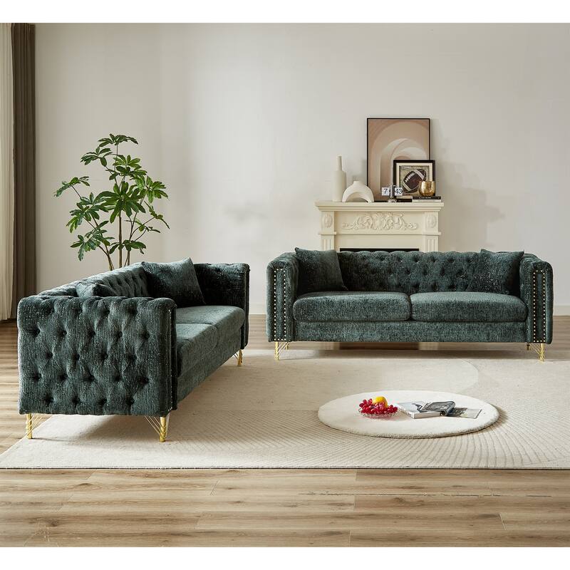 Elegant Chesterfield Sofa with Nailhead Trim & Metal Legs - 6-Seat Couch - Green