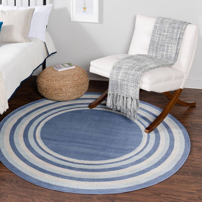 Contemporary Heloise Collection Area Rug - 7' Round - Blue-Ivory