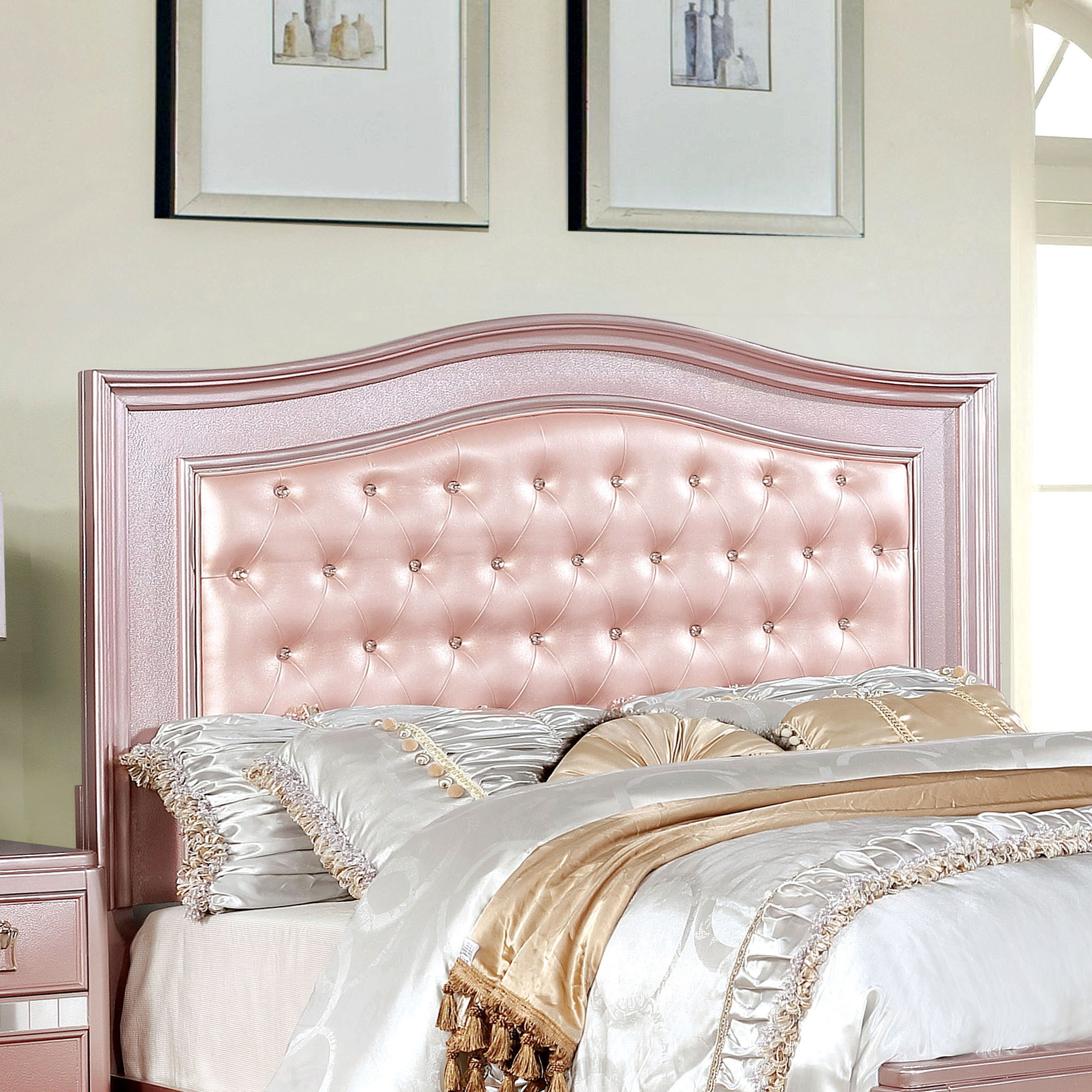 Gibson Transitional Rose Gold Wood Button Tufted Panel Bed with