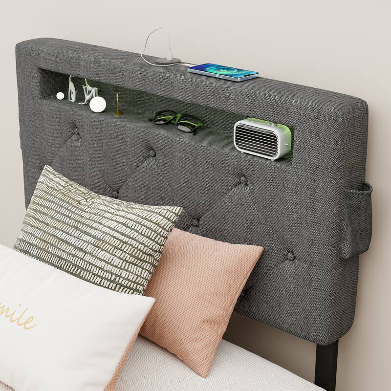Dark Grey Twin Size Platform Bed with 4 Storage Drawers,USB Charging Station and LED Lights