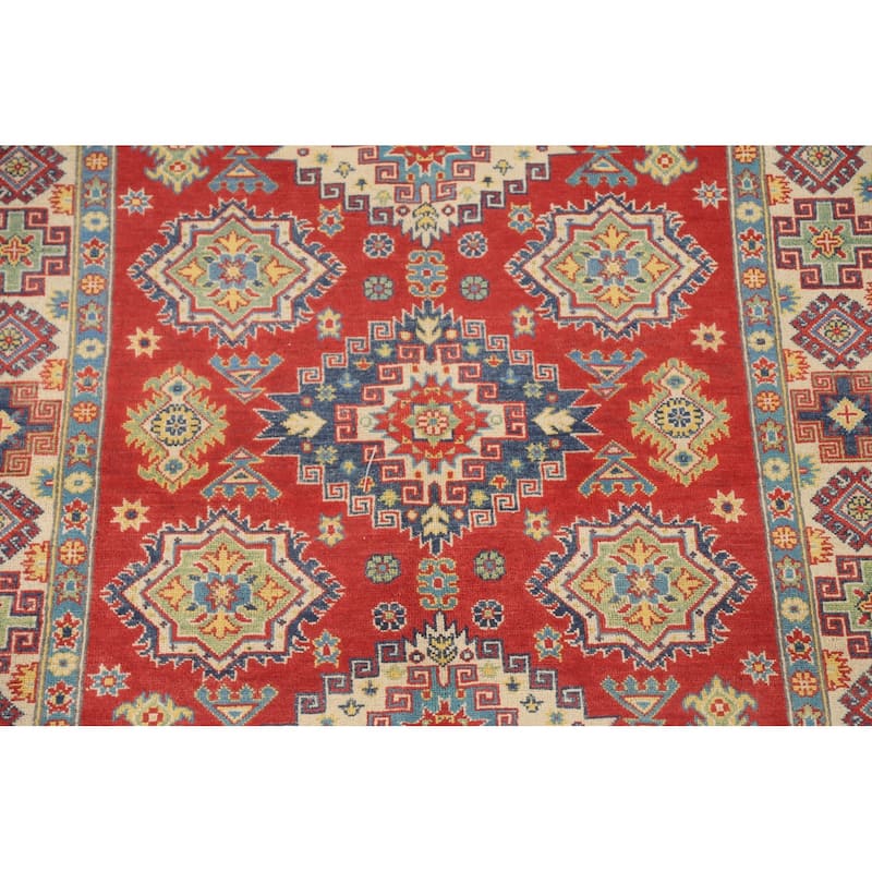Geometric Red Kazak Area Rug Hand-Knotted Traditional Wool Carpet - 4'11" x 7'1"