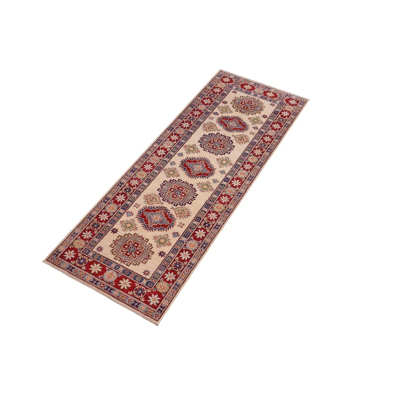 Tribal Kazak Dante Beige/Red Wool Runner - 2'8'' x 8'0''