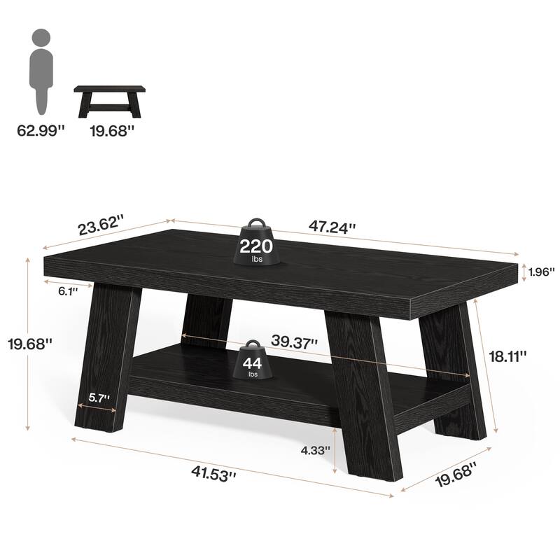 Coffee Table, Rectangular Coffee Tables for Living Room, Wood Center Tables with Storage Shelves for Home