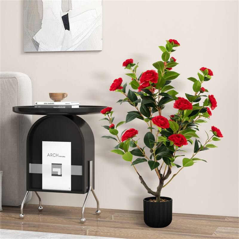 Set of 2 Artificial Camellia Trees 36 Inch Lifelike Indoor Decorative Plants with Cement Pots - 5" x 36"