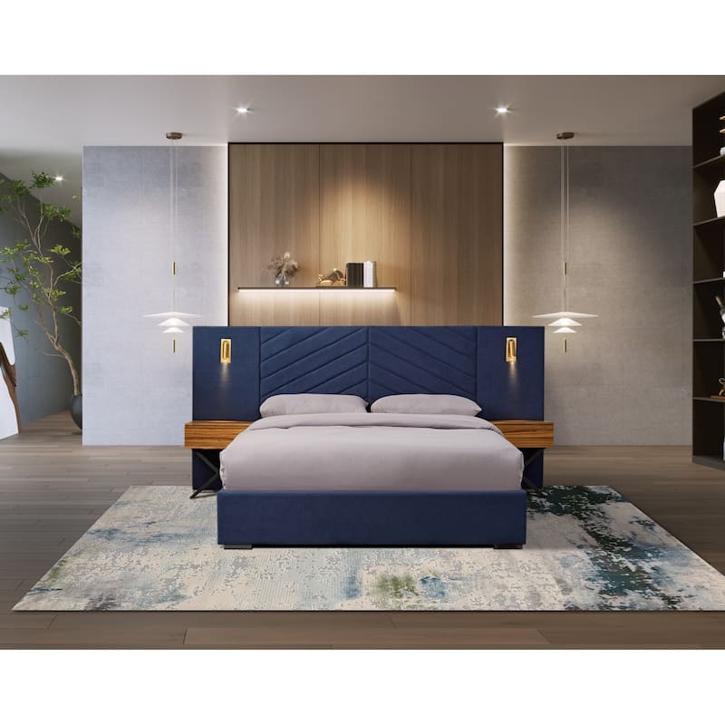 King Size Velvet Bed Frame/Vertical Channel Tufted Wingback Headboard/Upholstered Platform Bed - Retro Blue