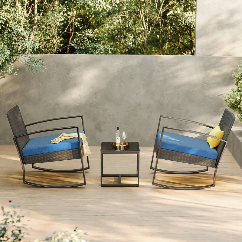 3 Pieces Wicker Patio Set with Cushion Outdoor Chair Set with Glass Table Rattan Chair Modern Bistro Set