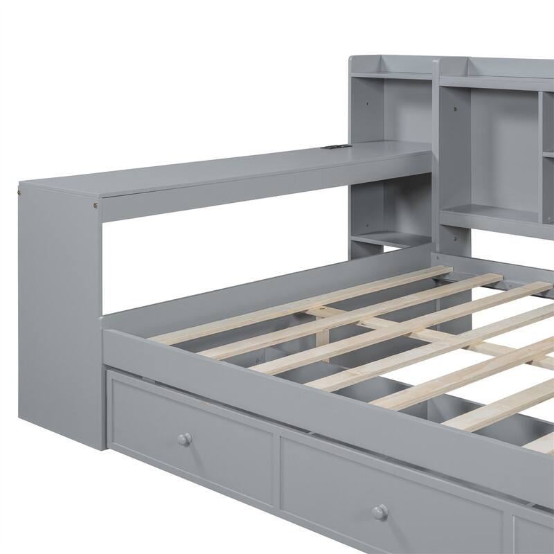 Twin/Full Daybed with 3 Storage Drawers and Bedside Desk, Wooden Day Bedframe Sofa Bed with Storage Shelves and USB Ports