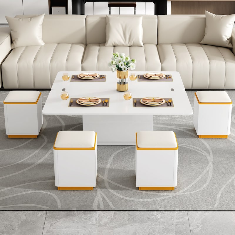Lift-Top Coffee Table with 4 Storage Stools, Modern Space Saving Center Table , Multi-Functional Adjustable Coffee Table