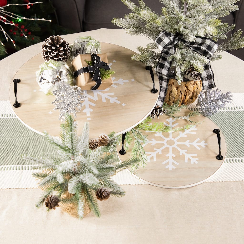Round Snowflake Christmas Serving Trays with Handles - 15.75" - Set of 2