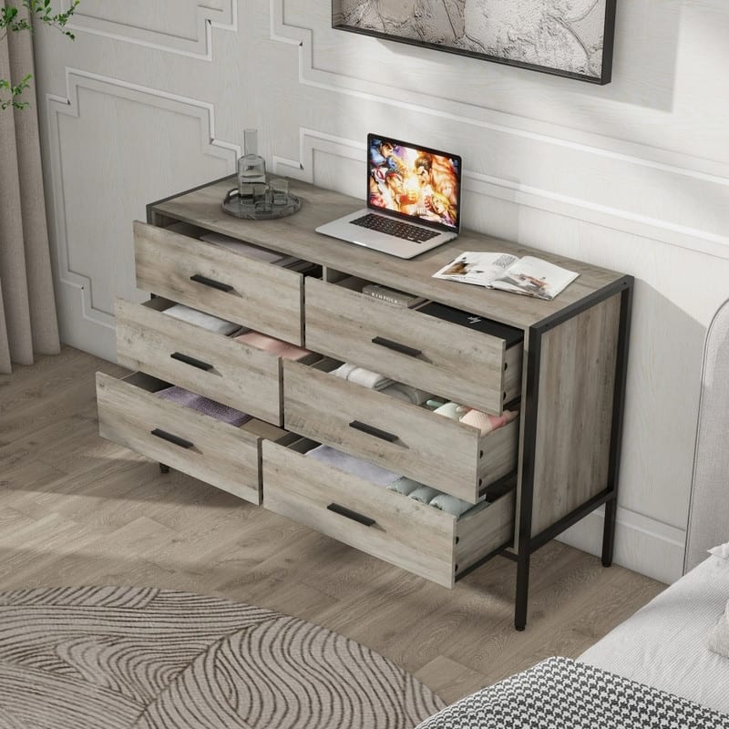 6 Drawers Dresser, Double Dressers with Chest of Drawers, Modern Wood Closet Storage Organizer with Black Knobs and Metal Legs