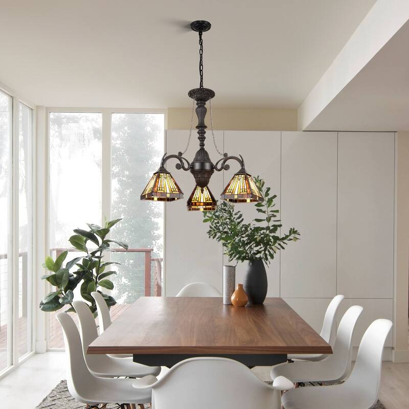 Tiffany-Style 3-Light Mini Chandelier 24" Wide - Multicolored