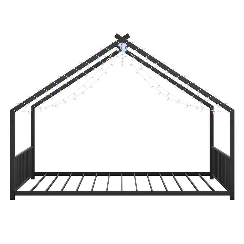 House-shaped Bed Frame, Toddler Kid Iron Floor Bed with House Roof Frame and LED Light Strips, House Daybed