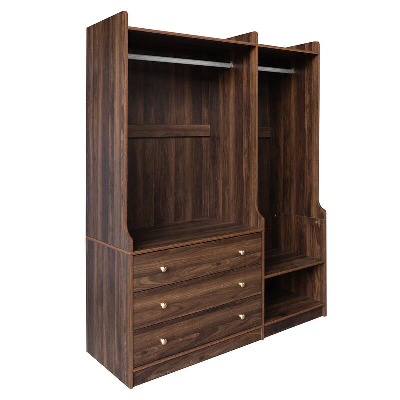 Wooden Open Wardrobe Storage Clothes Storage Cabinet with Dual Hanging Rods and Five Shelves Armoire for Bedroom
