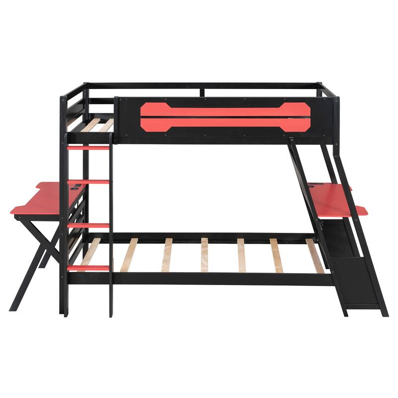 Gaming Bunk Bed Two Built-In Gaming Desks Each Side Loft Bed with USB Desktop Ports and Pegboard Organizer for Gaming Room Gamer