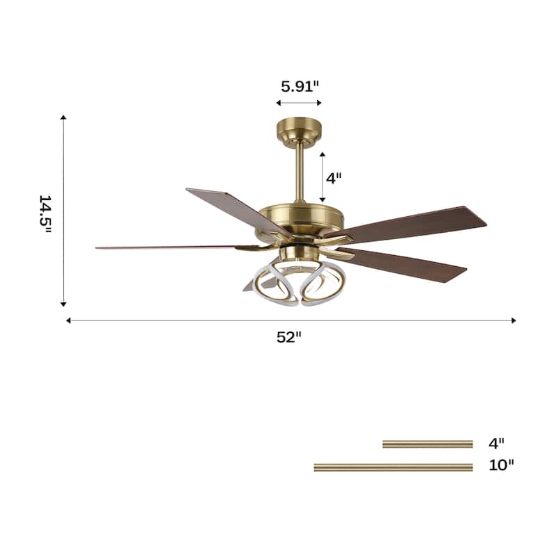 52" Modern Gold Smart Dimmable RGB Ceiling Fan with Remote and App Control