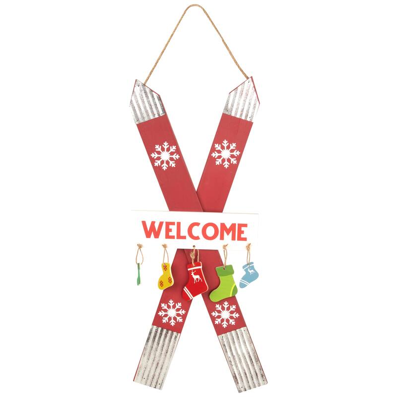 Wooden Welcome Skis with Christmas Stockings Hanging Decoration - 23.5"