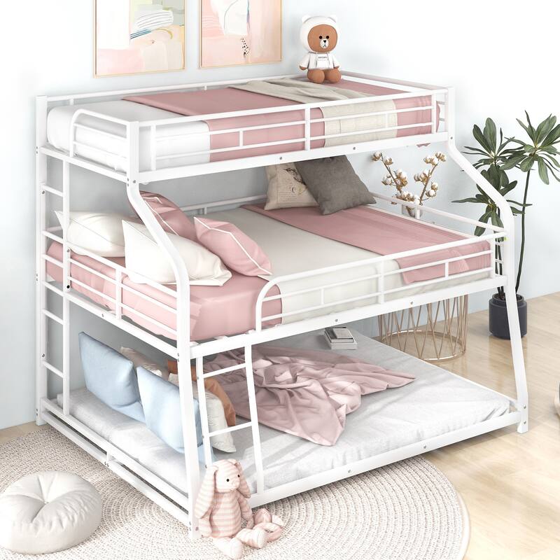 Twin XL Over Full XL Over Queen Triple Bunk Bed 3-tier Metal Bedframe with Long and Short Ladder and Full-Length Guardrails - White - Queen