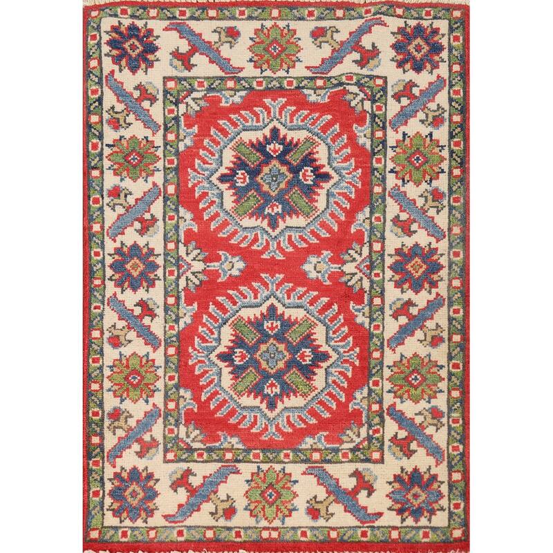 Red Geometric Kazak Oriental Accent Foyer Rug Hand-Knotted Wool Carpet - 2'0"x 3'0"