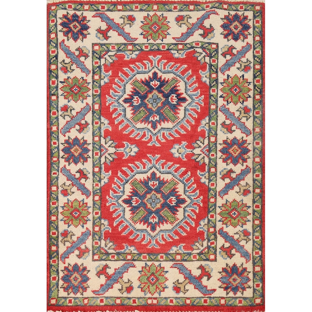Red Geometric Kazak Oriental Accent Foyer Rug Hand-Knotted Wool Carpet - 2'0"x 3'0"