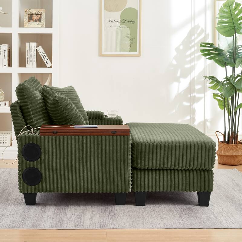 Versatile Chaise Lounge Single Sofa Chair with Ottoman, Swivel Table, Storage Armrest, Cup Holder, Bluetooth Speaker and USB
