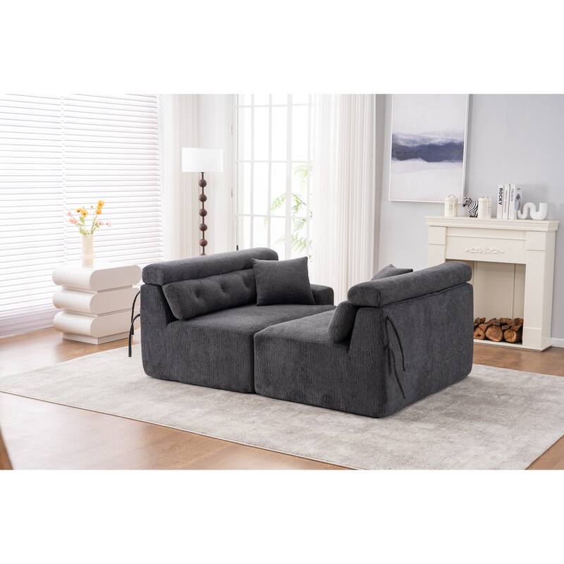 4-Seater Combined Sofa, Wood Grain Chenille Fabric, Full Sponge Compression Sofa,Combined Sofa With 2 Pillows