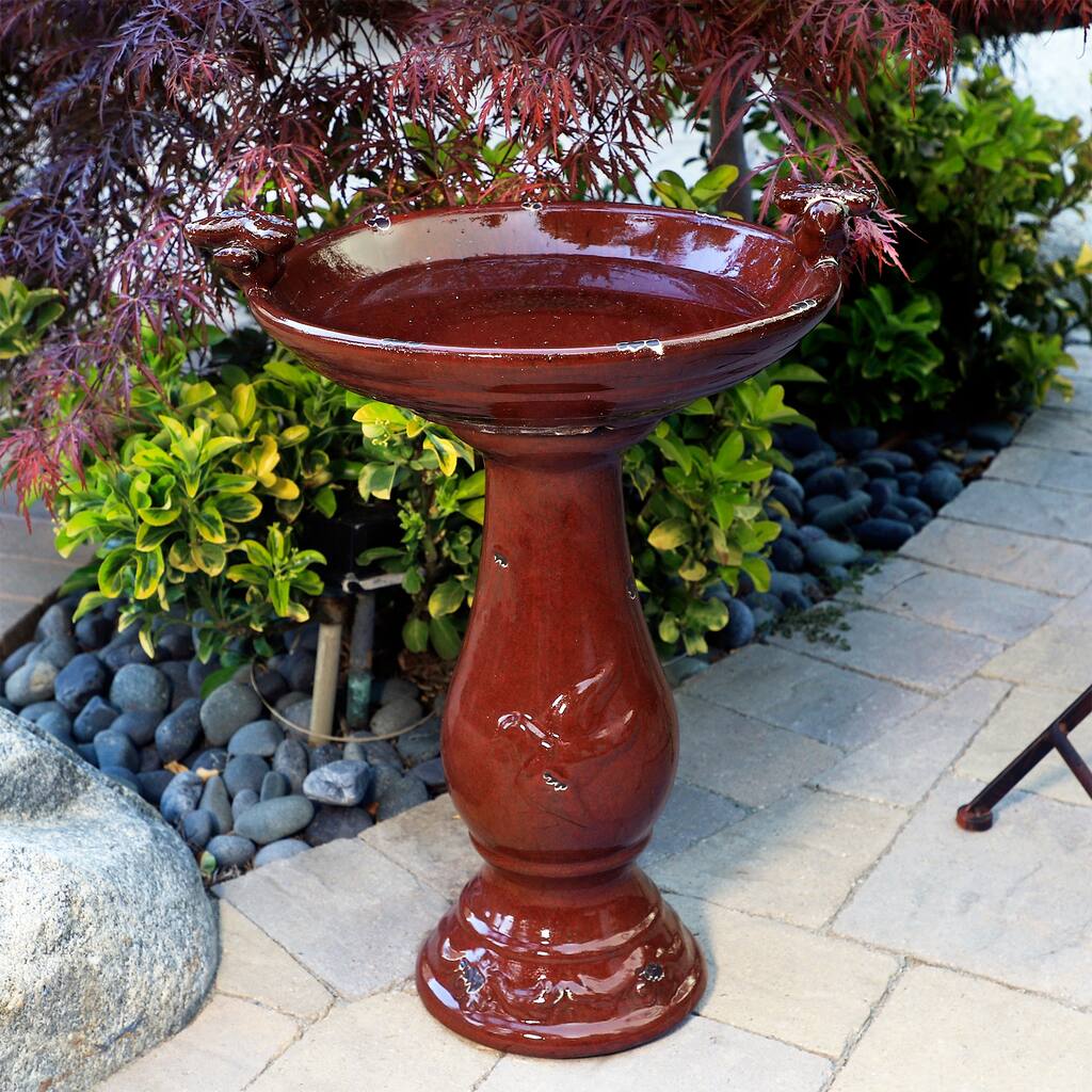 Alpine Corporation 25" Tall Outdoor Ceramic Antique Pedestal Birdbath with 2 Bird Figurines, Red
