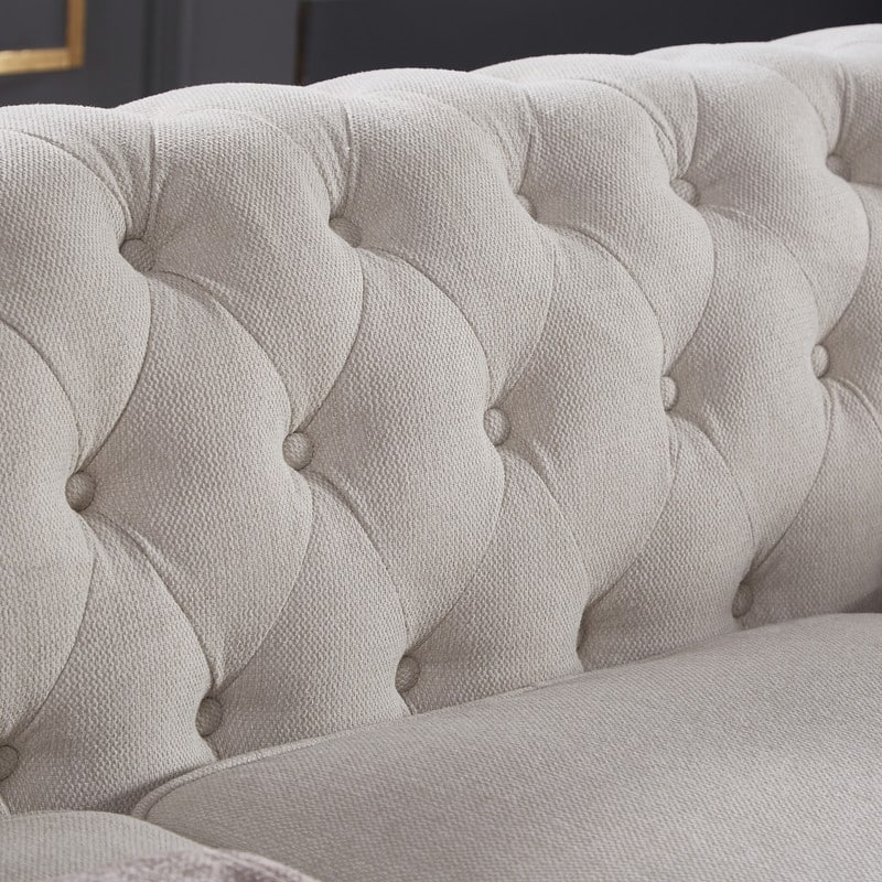 Classic Chesterfield 3 Seater Sofa Upholstered Tufted Back Couch,Linen Fabric,Beige