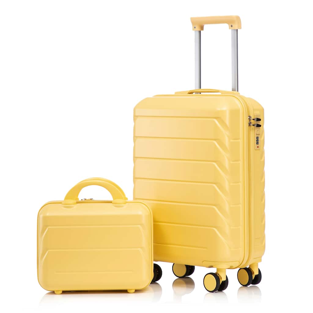 14"/20" 2-Piece, Modern Luggage Sets with Makeup Case, Spinner Wheel and Combination Lock, for Boarding Travel, Yellow