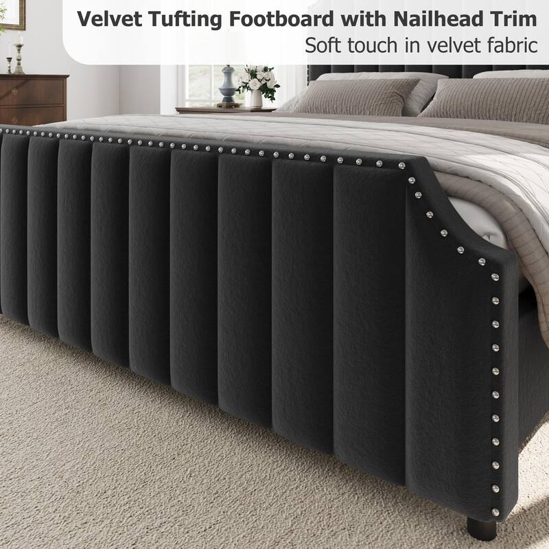 Velvet Upholstered Bed Frame with Headboard and Footboard