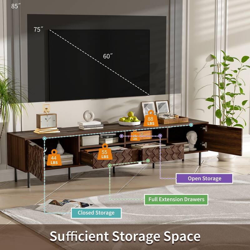 Mid-Century Modern TV Stand with Storage Cabinets, TV Console for TVs up to 85", Living Room Entertainment Center - Walnut