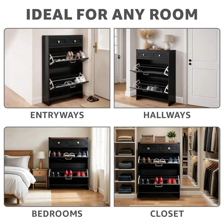 Farmhouse Shoe Cabinet with 2 Flip Drawers and 2 Storage Drawers – Slim Entryway Shoe Storage Cabinet, Narrow Shoe Organizer