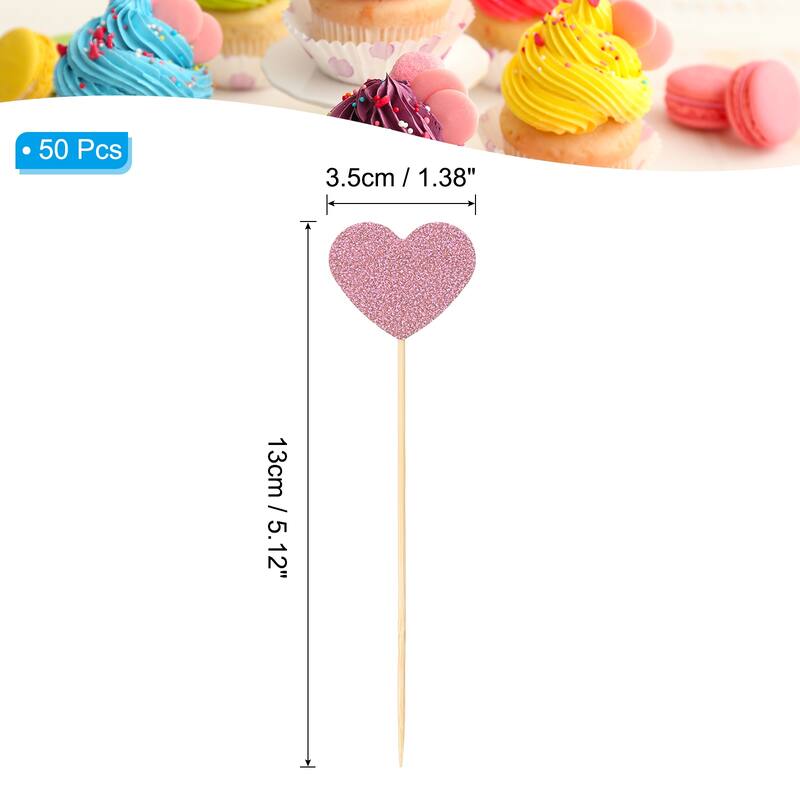 50Pcs Heart Cupcake Toppers,Star Cupcake Picks Birthday Decoration - Pink