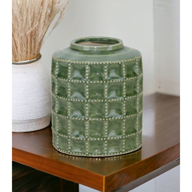 Green Terracotta Geometric Cylinder Table Vase with Glazed Finish