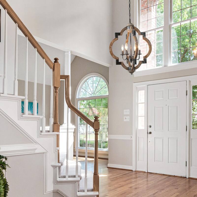 Modern Farmhouse 3/4-Light Wood Lantern Chandelier for Dining Room Foyer