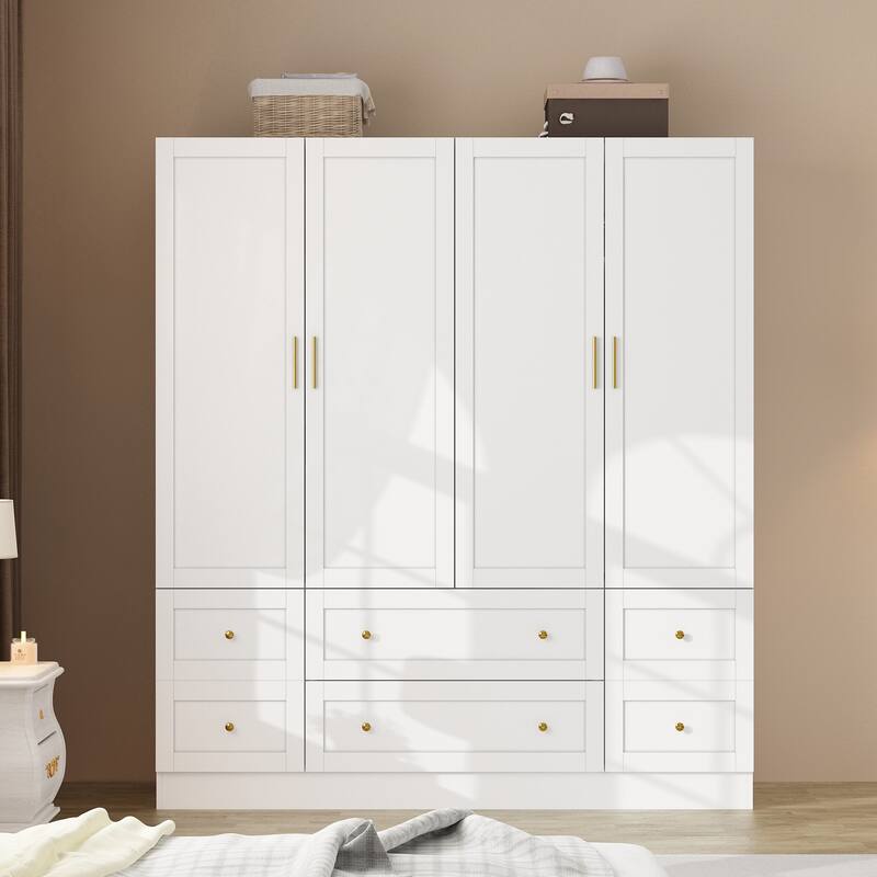 White Wardrobe Closet with Gold Handles - Modern Storage Cabinet with Drawers