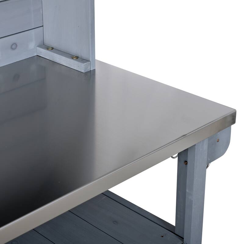 65" Outdoor Potting Bench with Stainless Steel Top, Rolling Garden Workstation with Hutch & Storage