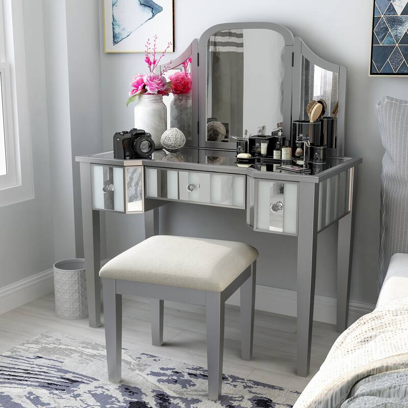 Furniture of America Inno Glam Wood 3-Piece Makeup Vanity Set with Three-sided Mirror - Silver