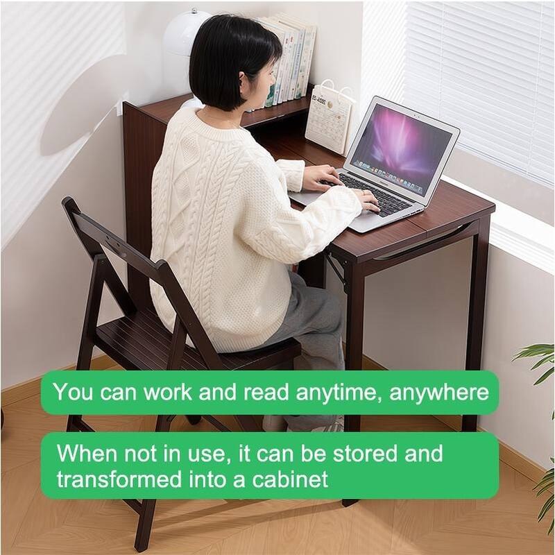 Bamboo Folding Desk with Built-in Socket & Hidden Storage, Foldable Computer Table for Small Spaces