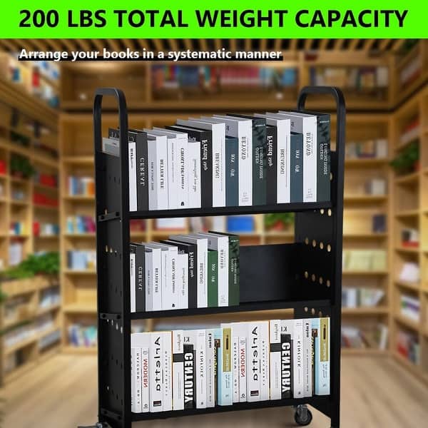 Rolling Library Book Rack Rolling Bookshelf 3-Tier V-Shaped Library Book Cart - 200LB Capacity ...