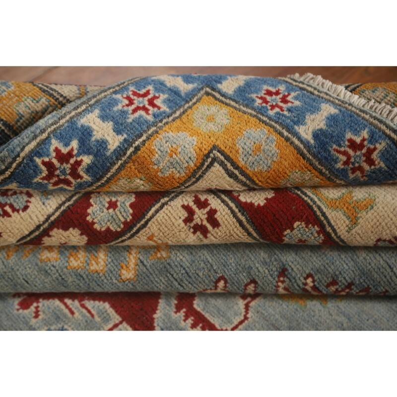 Geometric Kazak Area Rug Handmade Oriental Blue Wool Carpet - 6'7" x 9'10"