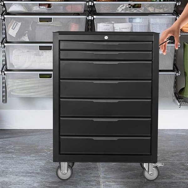 slide 2 of 17, 7-Drawer Rolling Metal Tool Box Chest Cabinet with Wheels and Cylinder Locking for Garage,Warehouse,Work Shop Black