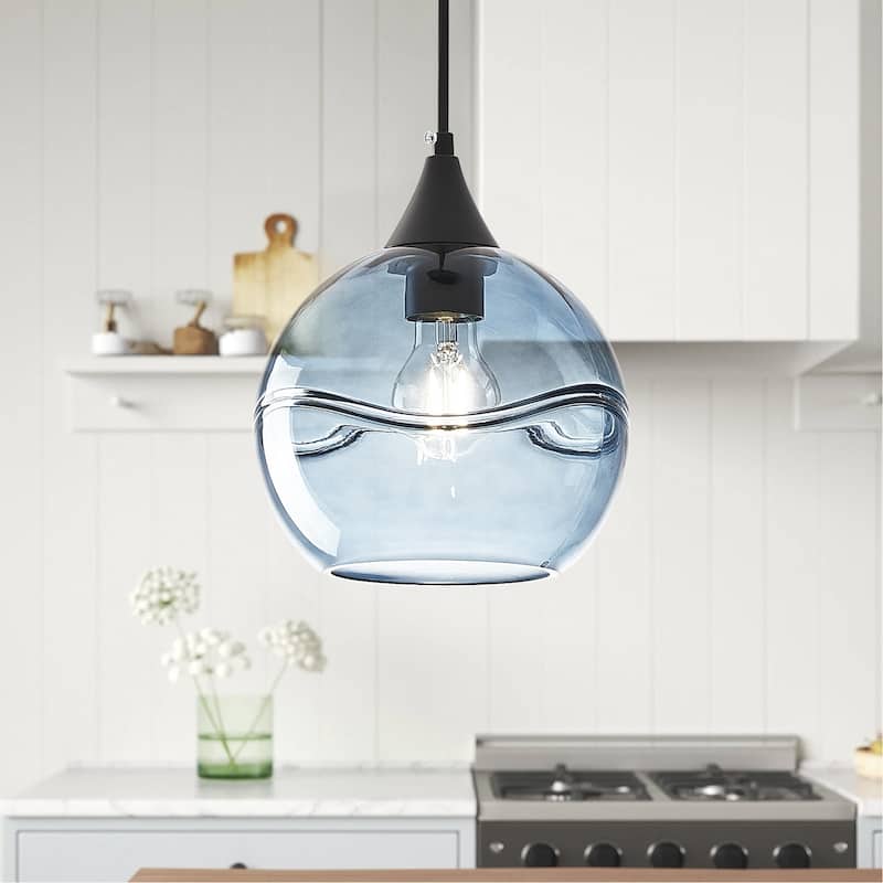 Modern Blue Rippled Glass Pendant Lighting Fixture for Kitchen Island - Blue