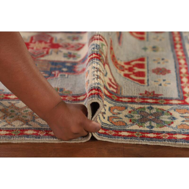 Geometric Grey Kazak Oriental Accent Rug Hand-Knotted Wool Carpet - 3'3"x 4'11"