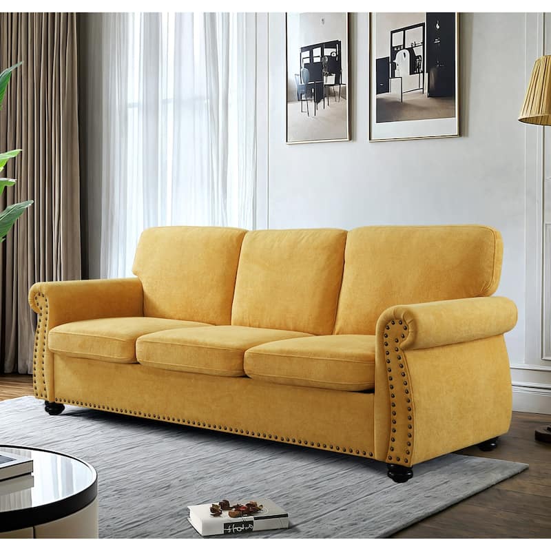 Soft Velvet 3 Seater Sofa, Mustard Yellow, High-Density Foam, Mid-Century Modern Design
