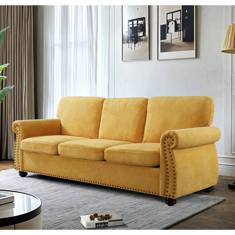 Soft Velvet Sofa, Upholstered 3 Seater Couch With High-Density Foam, Loose Back Cushions And Solid Wood Turned Legs