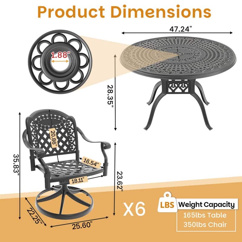 7-Piece Aluminum Round Outdoor Patio Dining Set, 6 Cushioned Swivel Chairs, Table, All-Weather Frames