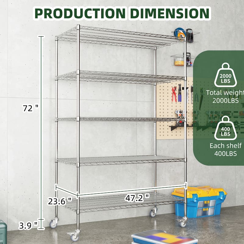 5 Tier Heavy Duty Adjustable Kitchen Shelving Unit, Wire Storage Shelves with Wheels, Pantry Organizer Rack Rolling Metal Shelf