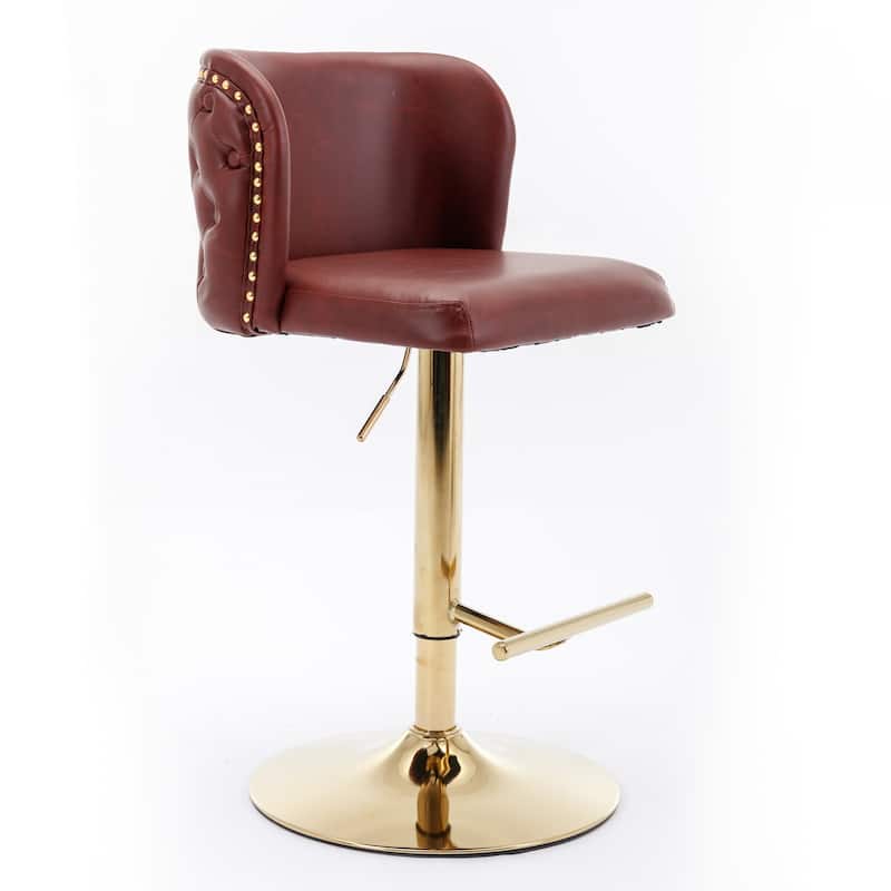 Furniture Set of 2 Swivel PU Leather Bar Stools with Fully Tufted Back, Adjustable Height - Wine Red Burgundy