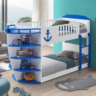 Contemporary Style Bunk Bed with Shelves, Blue