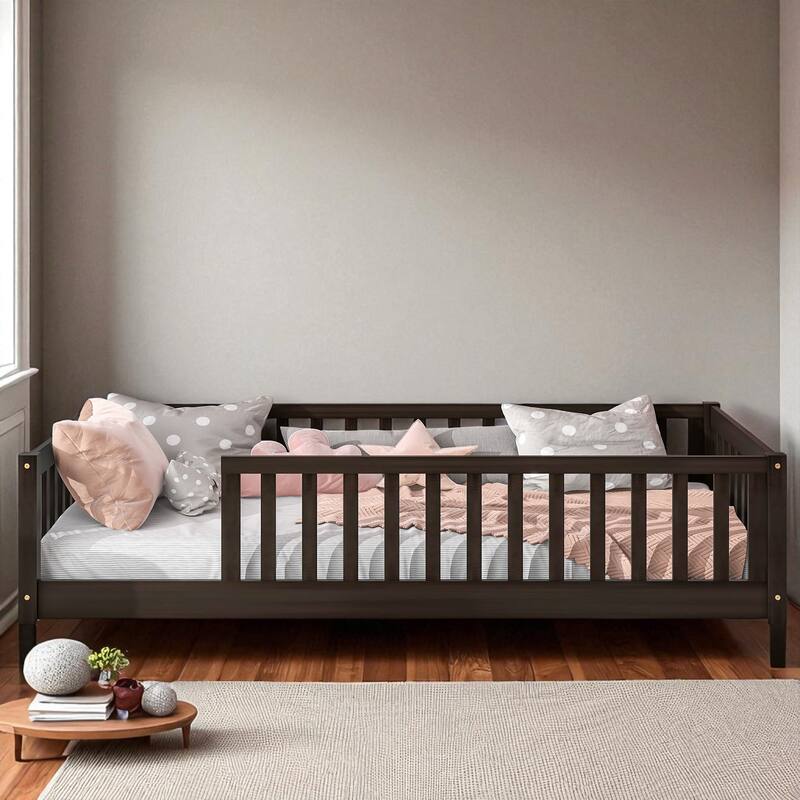 Twin Floor Bed with High Safety Fence, Rubber Wood Construction, Easy Assembly